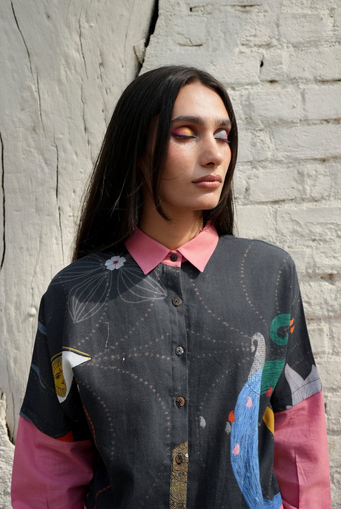 Overlay Shirt In Chetti Black With Clay Pink Colour block - CiceroniWomen ShirtsNIKYTA