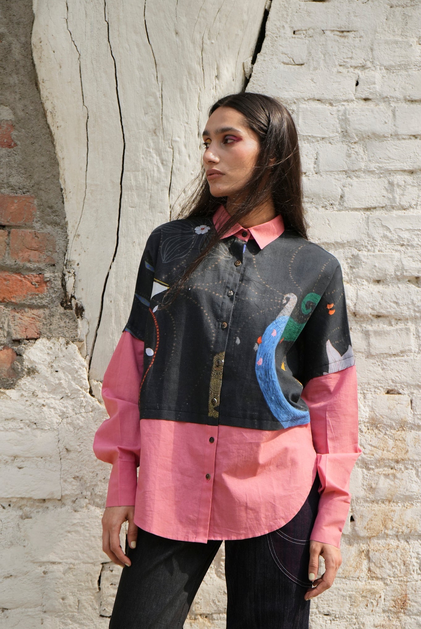 Overlay Shirt In Chetti Black With Clay Pink Colour block - CiceroniWomen ShirtsNIKYTA