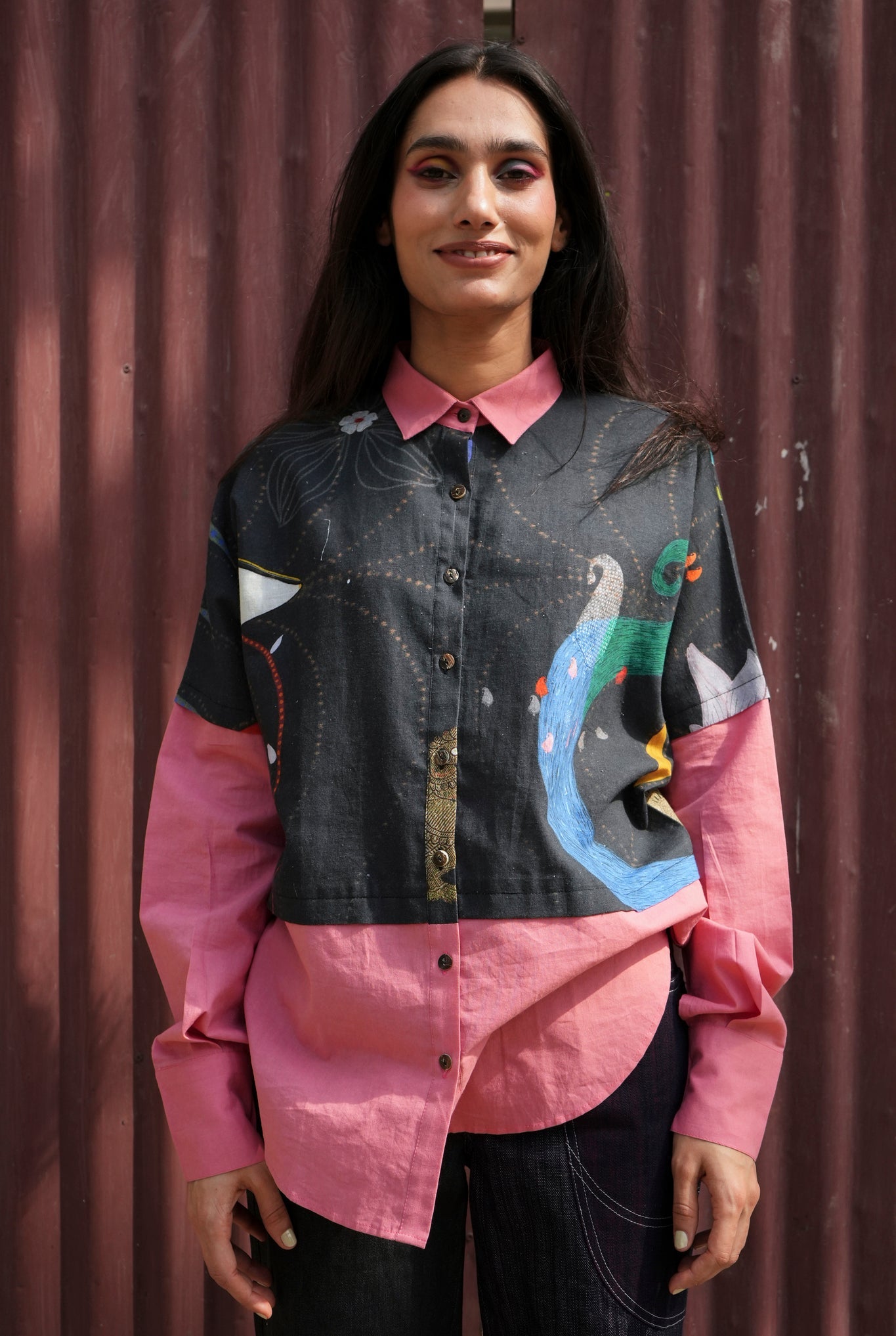 Overlay Shirt In Chetti Black With Clay Pink Colour block - CiceroniWomen ShirtsNIKYTA