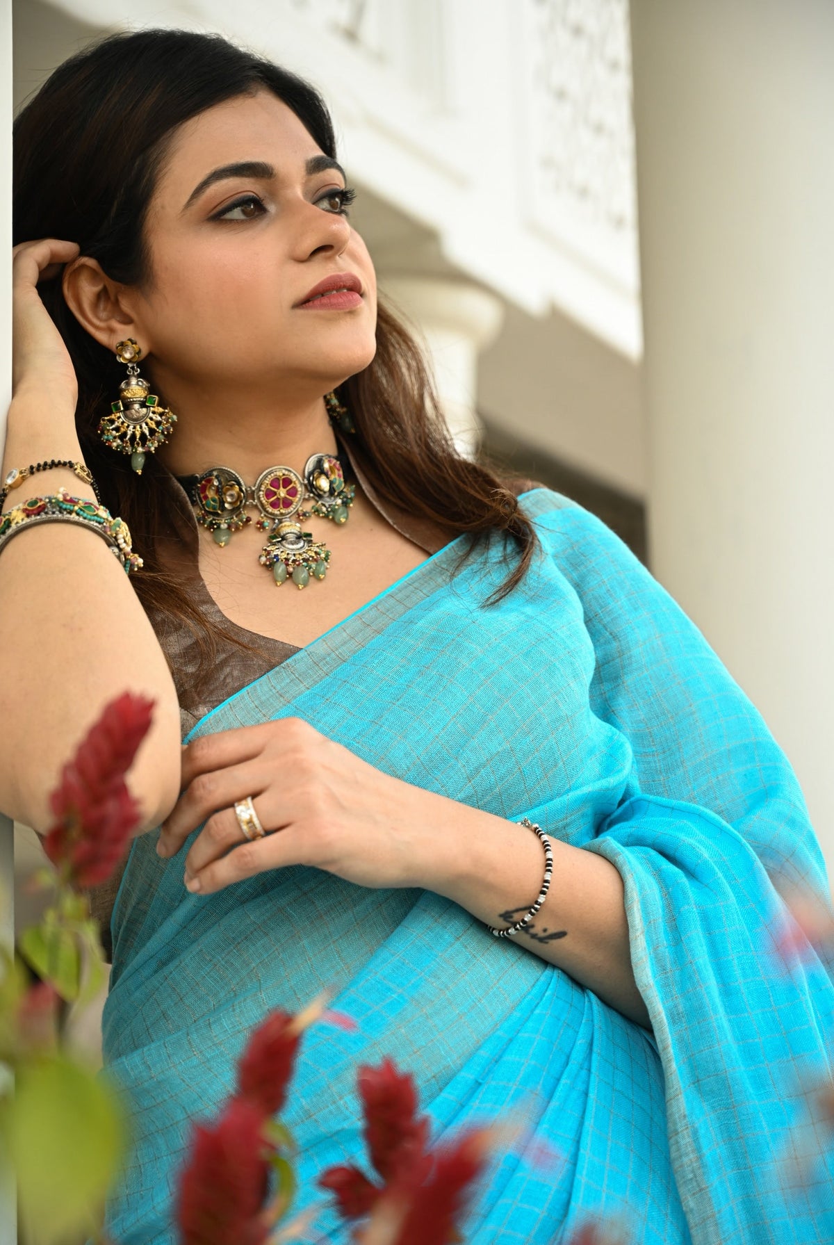 Pallu — Nitya - Handwoven Checkered Linen Saree, Silver Zari - CiceroniSareePallu