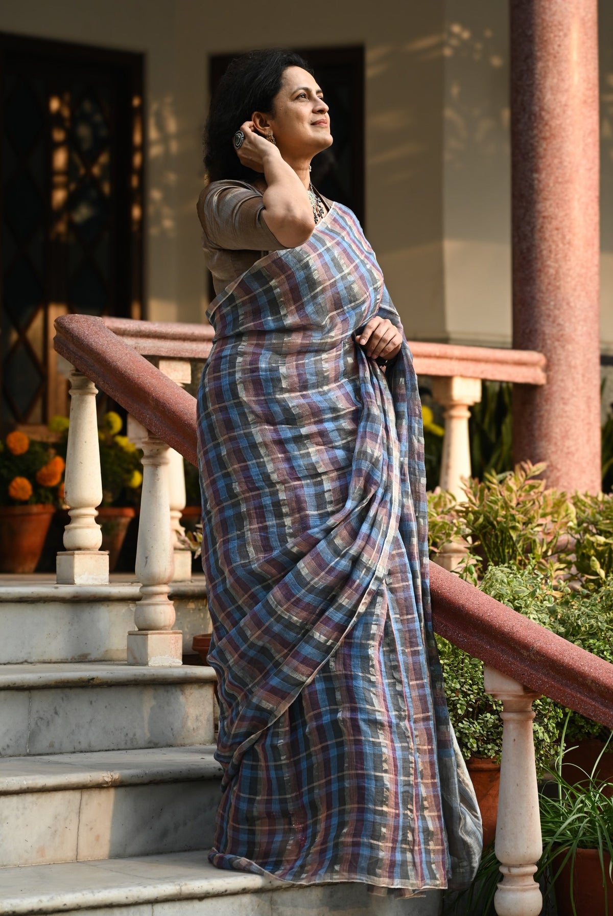 Pallu — Petunia Tartan Check Handwoven Linen Saree - CiceroniSareePallu