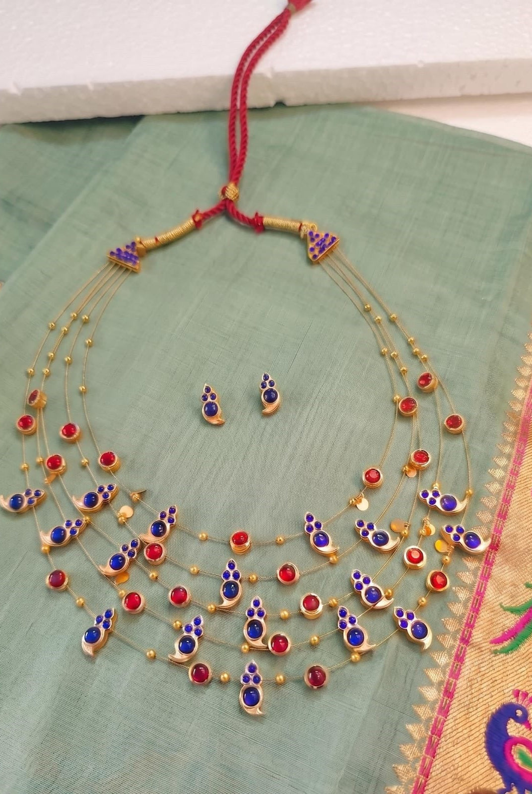 Panchmala-5 Layered Blue Kemp Maanga and Red Stone Necklace - CiceroniNecklace SetAarika