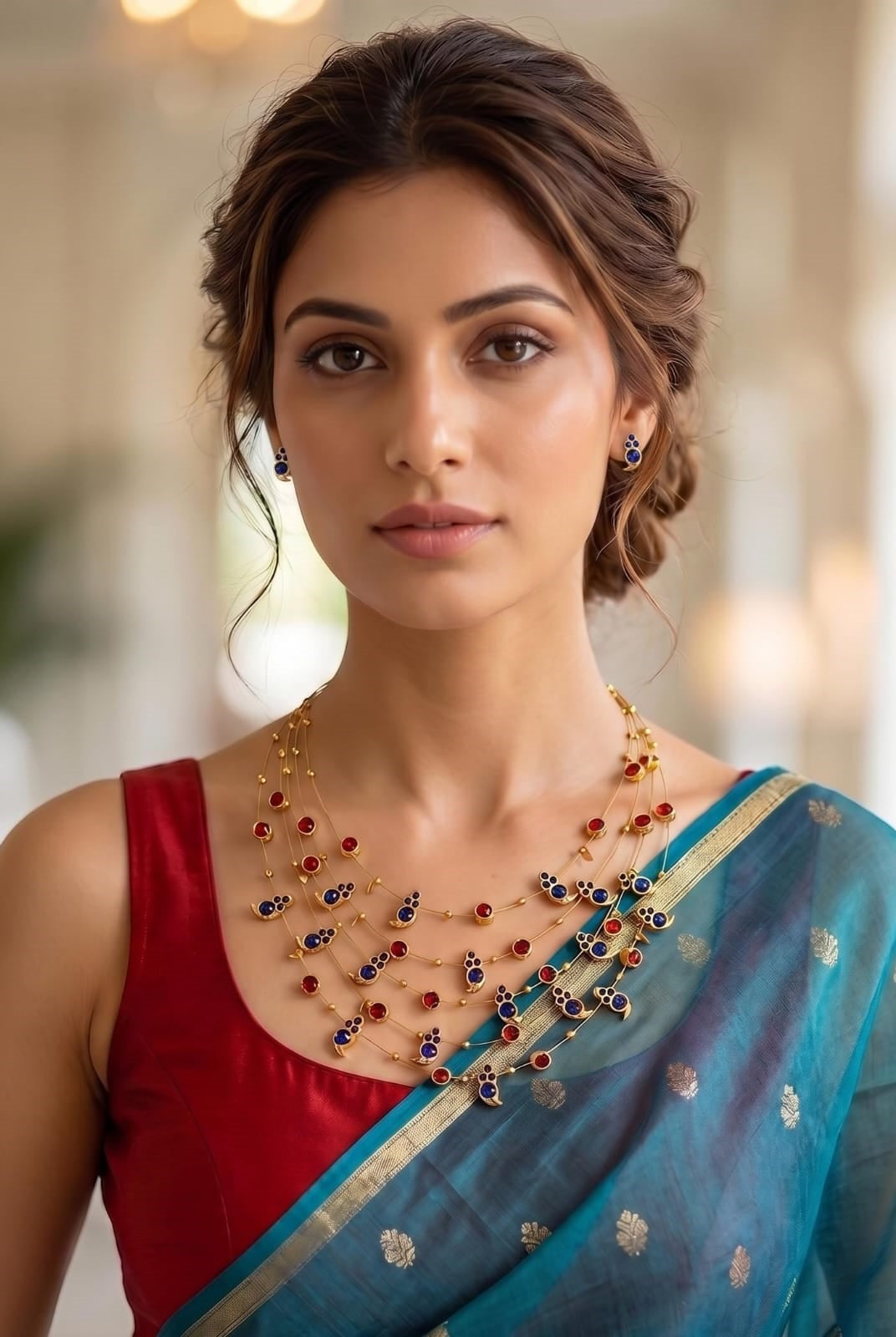 Panchmala-5 Layered Blue Kemp Maanga and Red Stone Necklace - CiceroniNecklace SetAarika