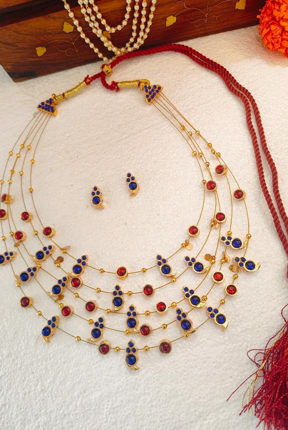 Panchmala-5 Layered Blue Kemp Maanga and Red Stone Necklace - CiceroniNecklace SetAarika
