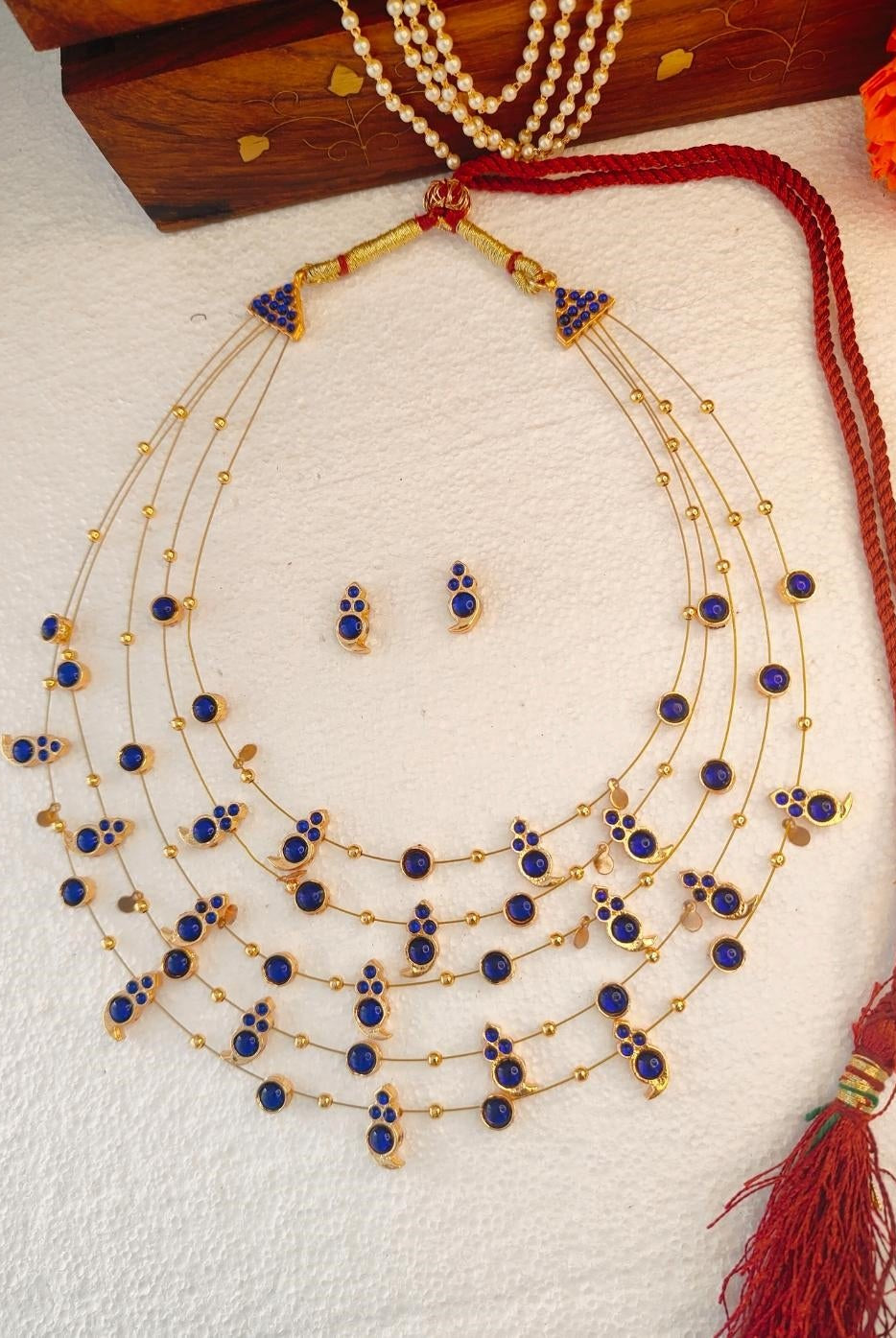 Panchmala-5 Layered Blue Kemp Maanga Necklace - CiceroniNecklace SetAarika