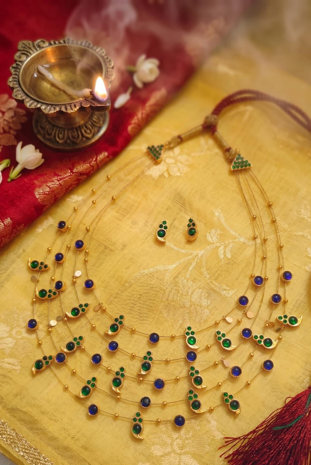 Panchmala-5 Layered Green Kemp Maanga and Blue Stone Necklace - CiceroniNecklace SetAarika
