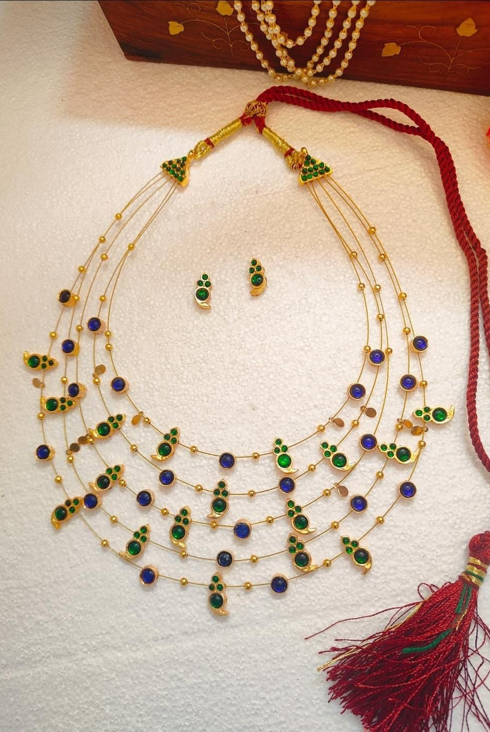 Panchmala-5 Layered Green Kemp Maanga and Blue Stone Necklace - CiceroniNecklace SetAarika