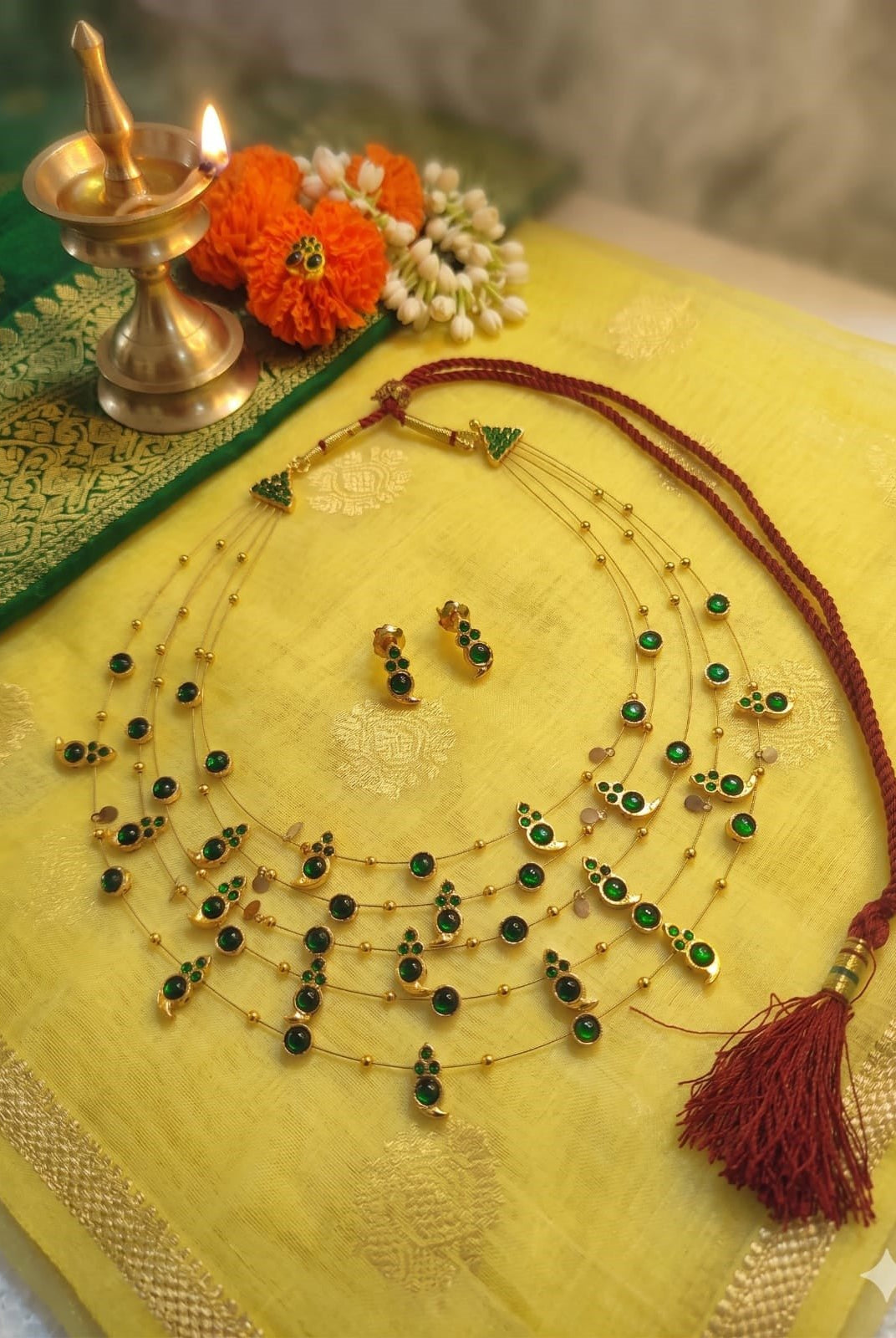 Panchmala-5 Layered Green Kemp Maanga Necklace - CiceroniNecklace SetAarika