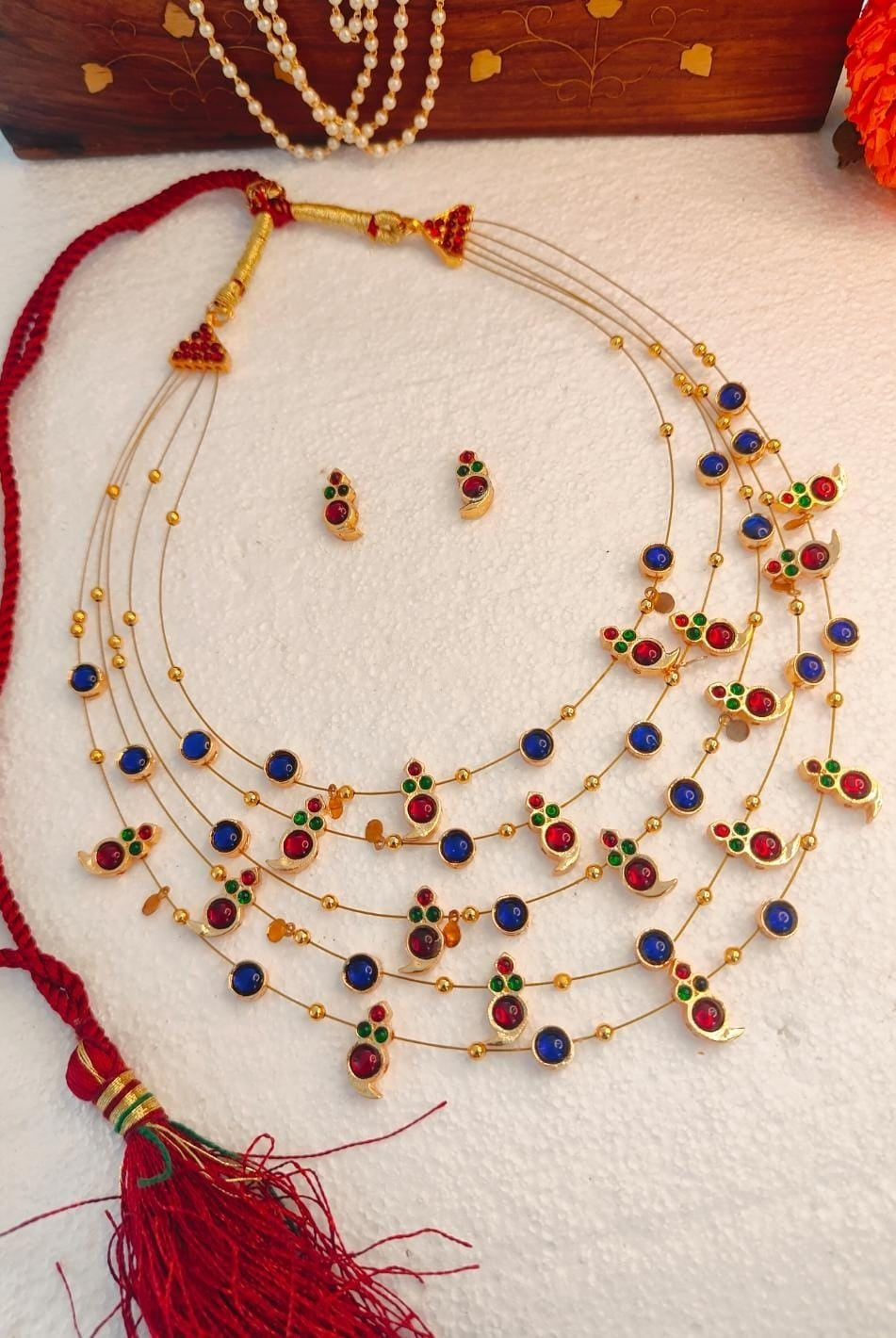 Panchmala-5 Layered Red Kemp Maanga and Blue Stone Necklace - CiceroniNecklace SetAarika