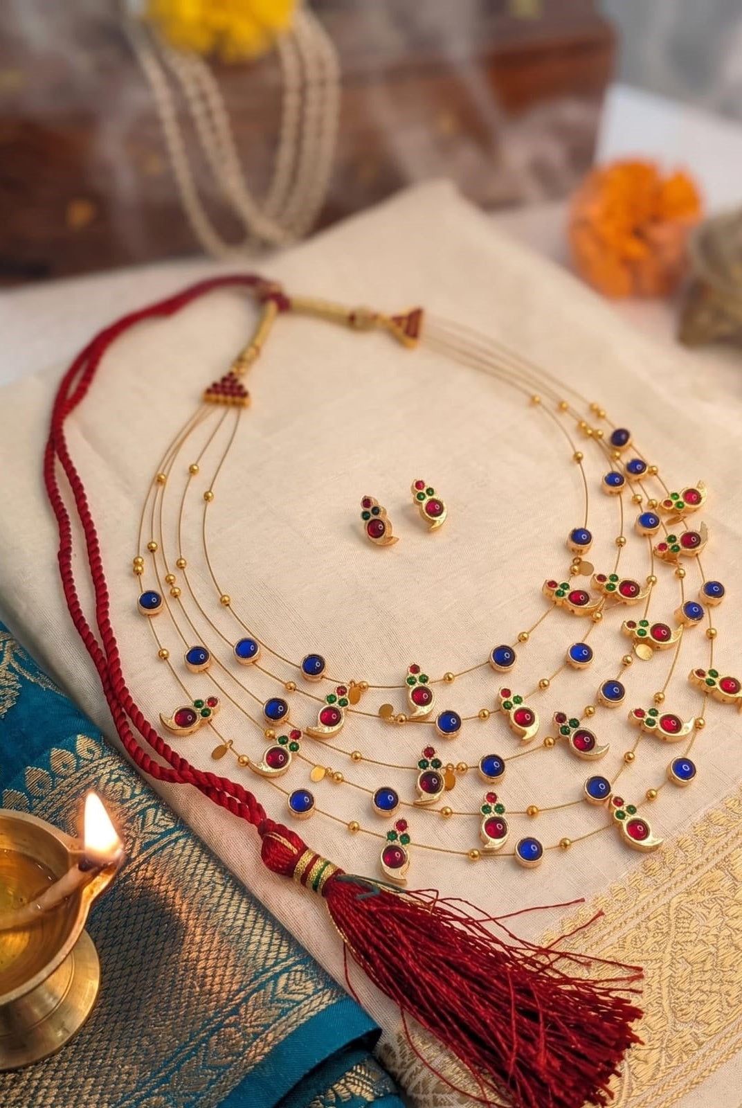 Panchmala-5 Layered Red Kemp Maanga and Blue Stone Necklace - CiceroniNecklace SetAarika