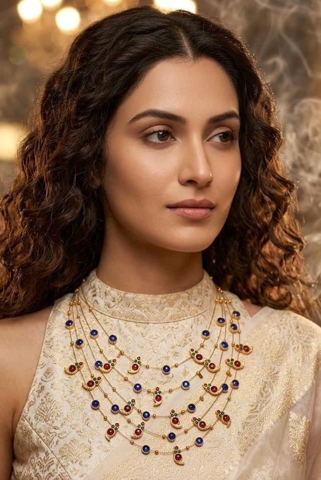 Panchmala-5 Layered Red Kemp Maanga and Blue Stone Necklace - CiceroniNecklace SetAarika