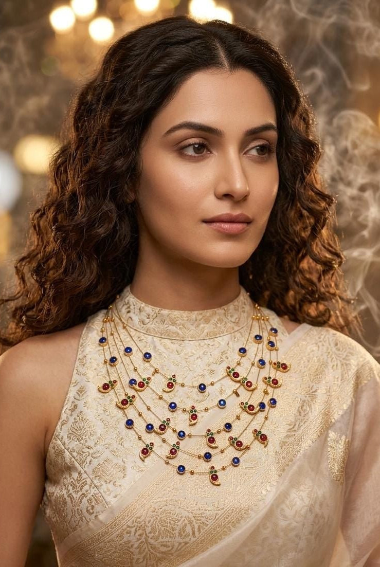 Panchmala-5 Layered Red Kemp Maanga and Blue Stone Necklace - CiceroniNecklace SetAarika