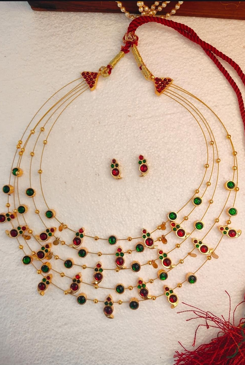 Panchmala-5 Layered Red Kemp Maanga and Green Stone Necklace - CiceroniNecklace SetAarika