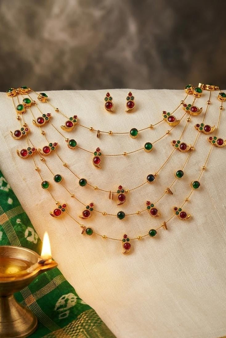 Panchmala-5 Layered Red Kemp Maanga and Green Stone Necklace - CiceroniNecklace SetAarika