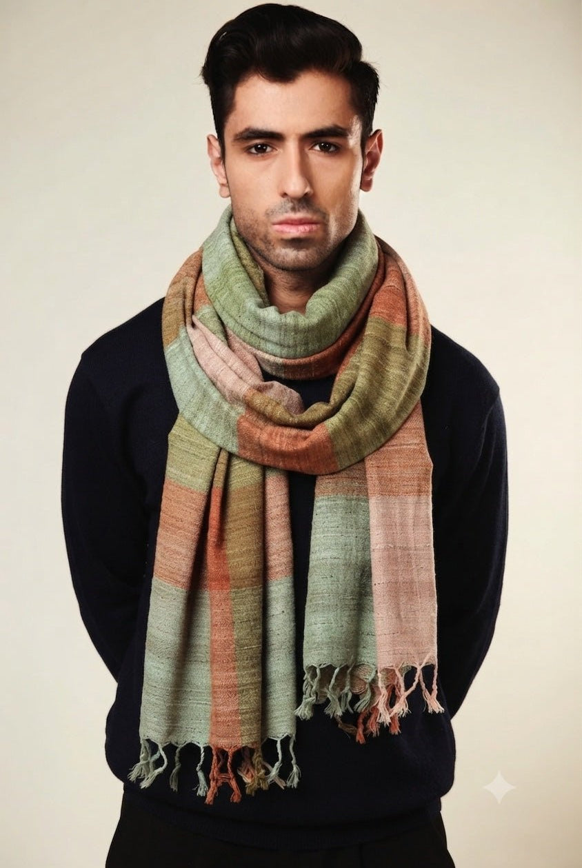 Pastel Peach Checks Peace Silk Scarf for Men - CiceroniScarfAeshaane