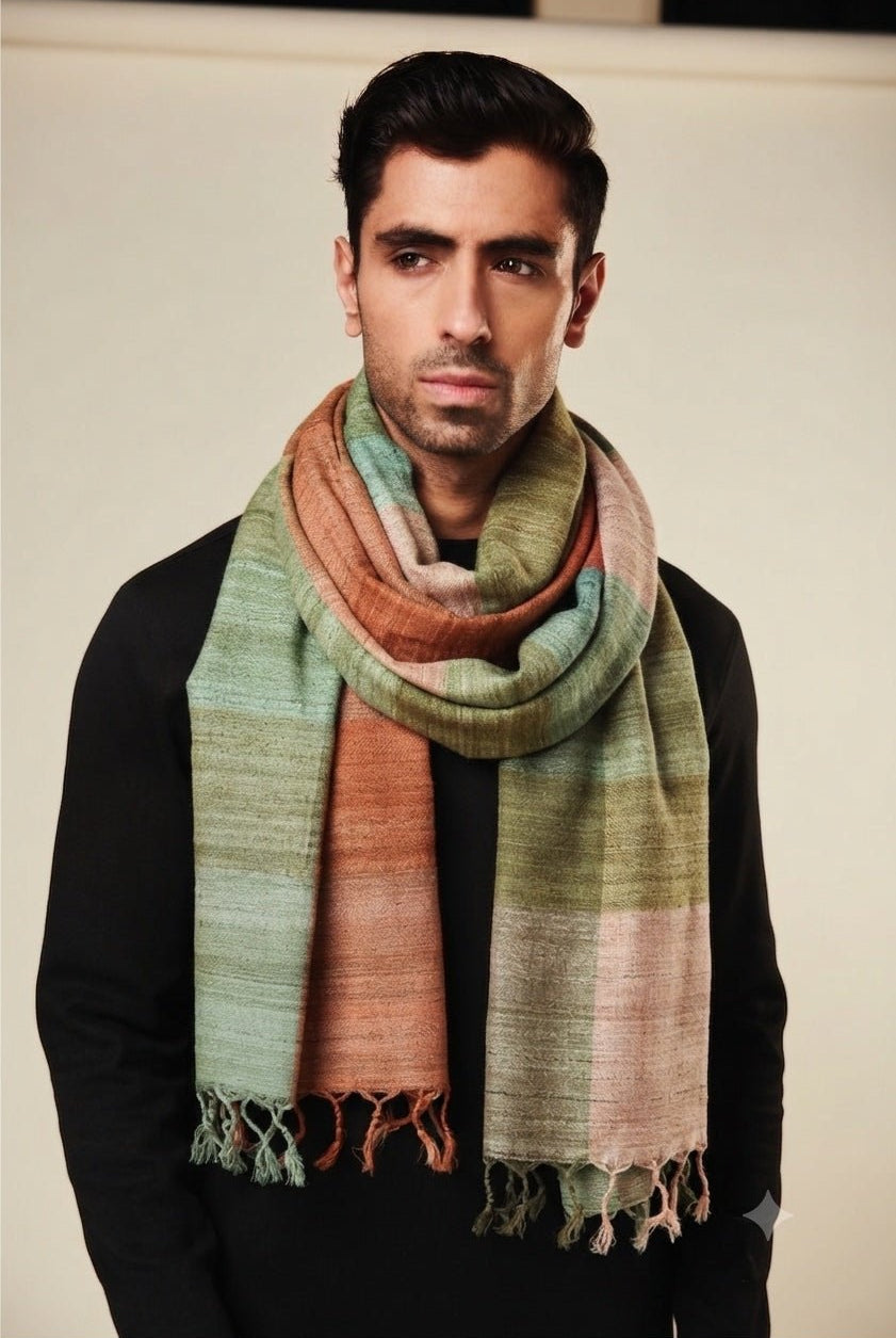 Pastel Peach Checks Peace Silk Scarf for Men - CiceroniScarfAeshaane