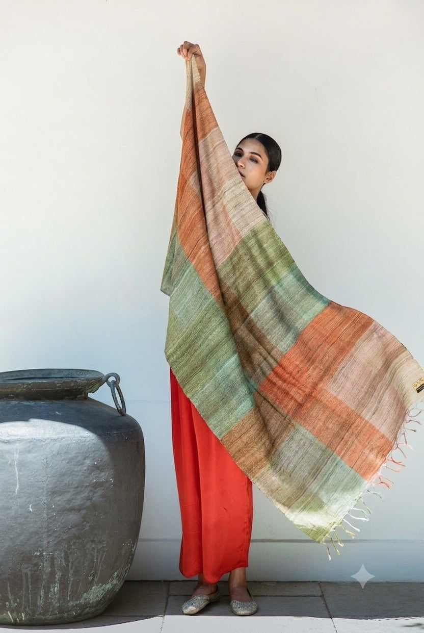 Pastel Peach Checks Peace Silk Scarf for Women - CiceroniScarfAeshaane