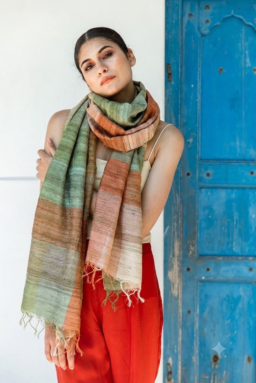Pastel Peach Checks Peace Silk Scarf for Women - CiceroniScarfAeshaane