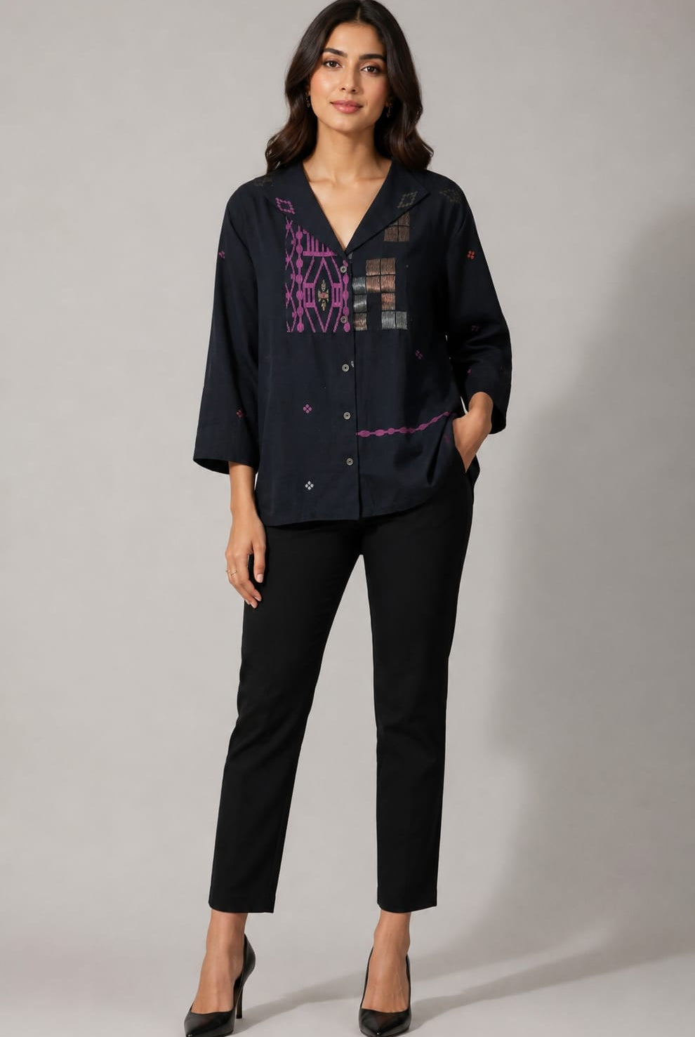 Patch shirt – Black with Pink Alpona Jamdani - CiceroniWomen ShirtsBhomra