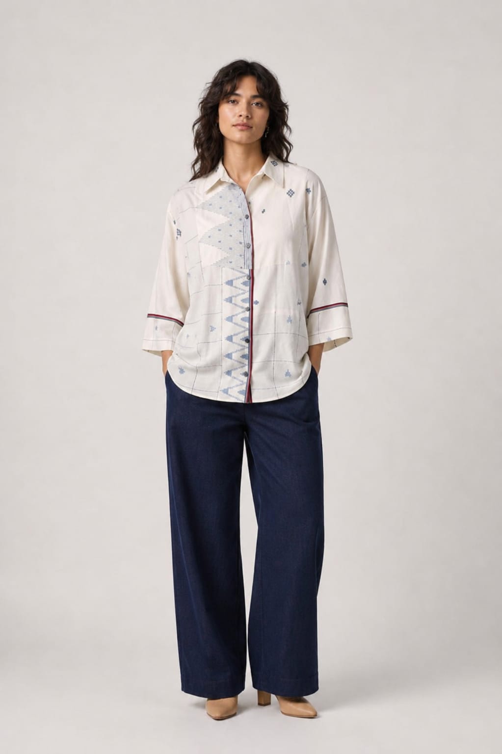 Patch Shirt – White Blue Temple Jamdani - CiceroniWomen ShirtsBhomra