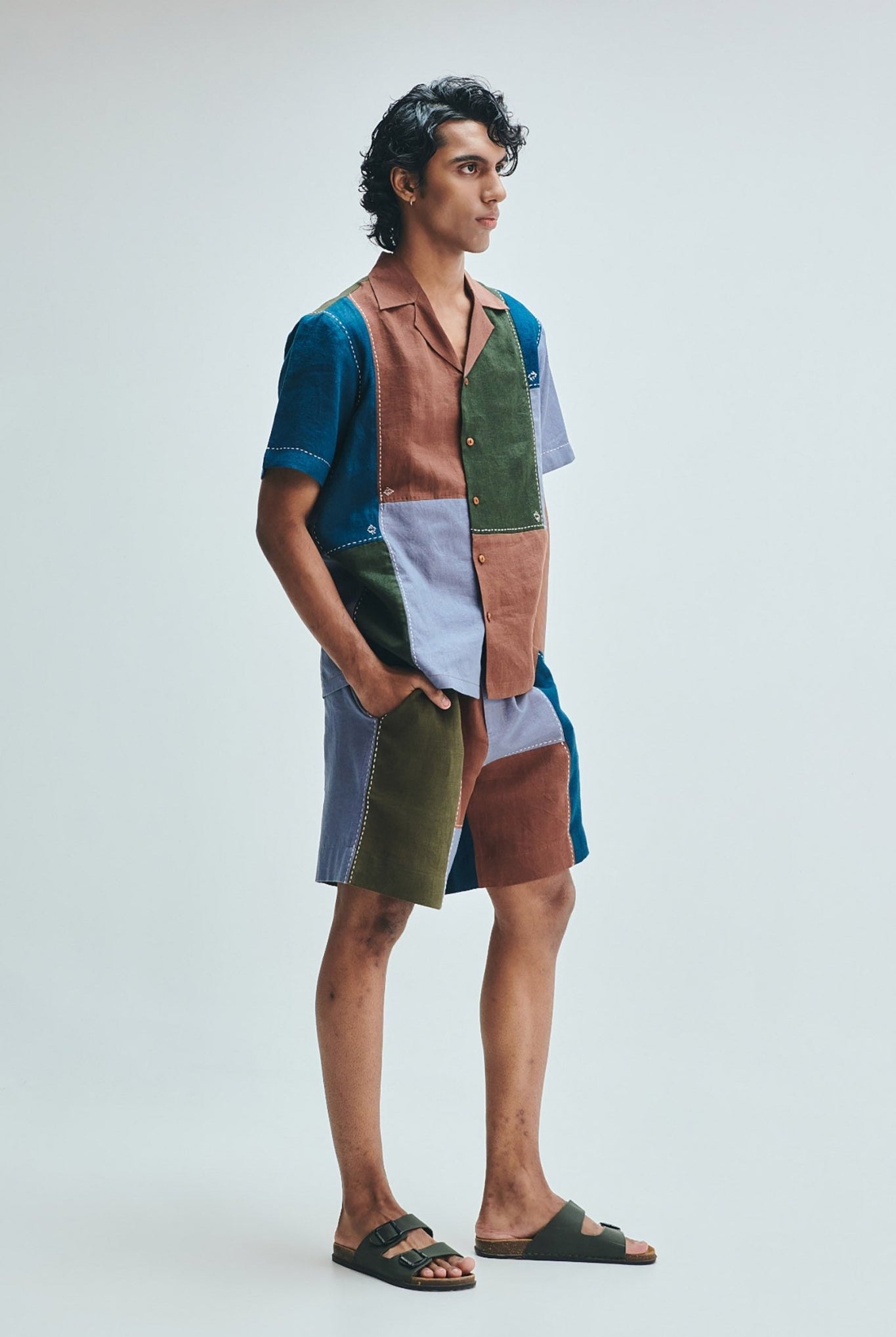 Patchwork Linen Men's Camp Collar Shirt Set - CiceroniCo-ord SetSaphed