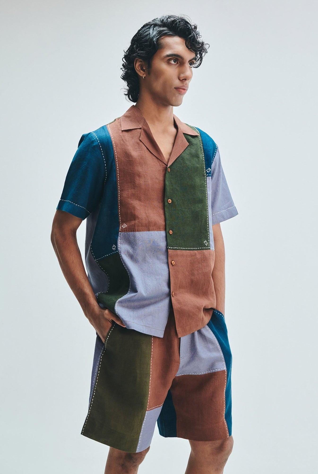 Patchwork Linen Men's Camp Collar Shirt - CiceroniShirtSaphed