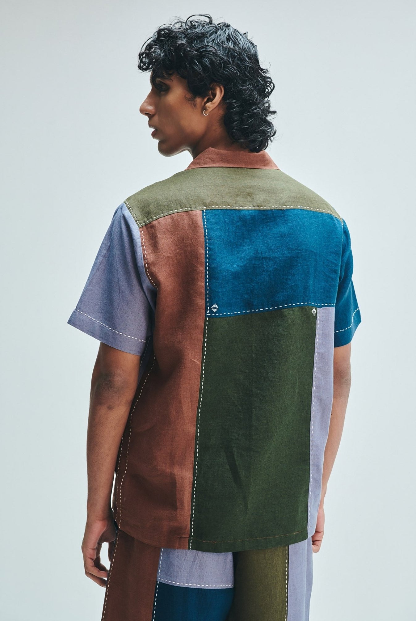 Patchwork Linen Men's Camp Collar Shirt - CiceroniShirtSaphed