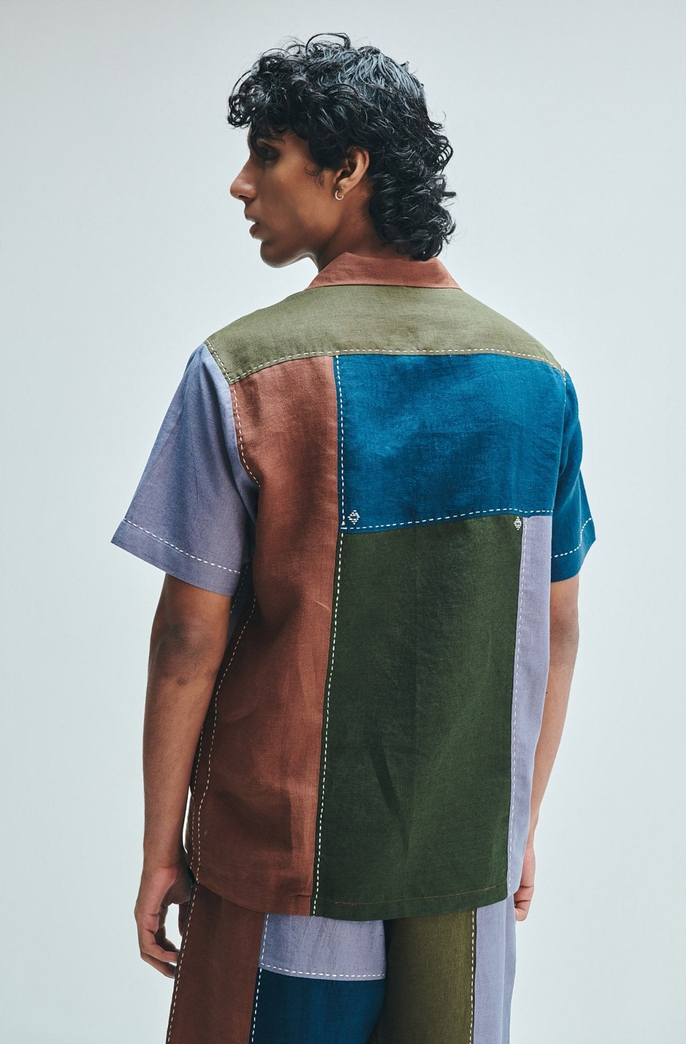 Patchwork Linen Men's Camp Collar Shirt - CiceroniShirtSaphed