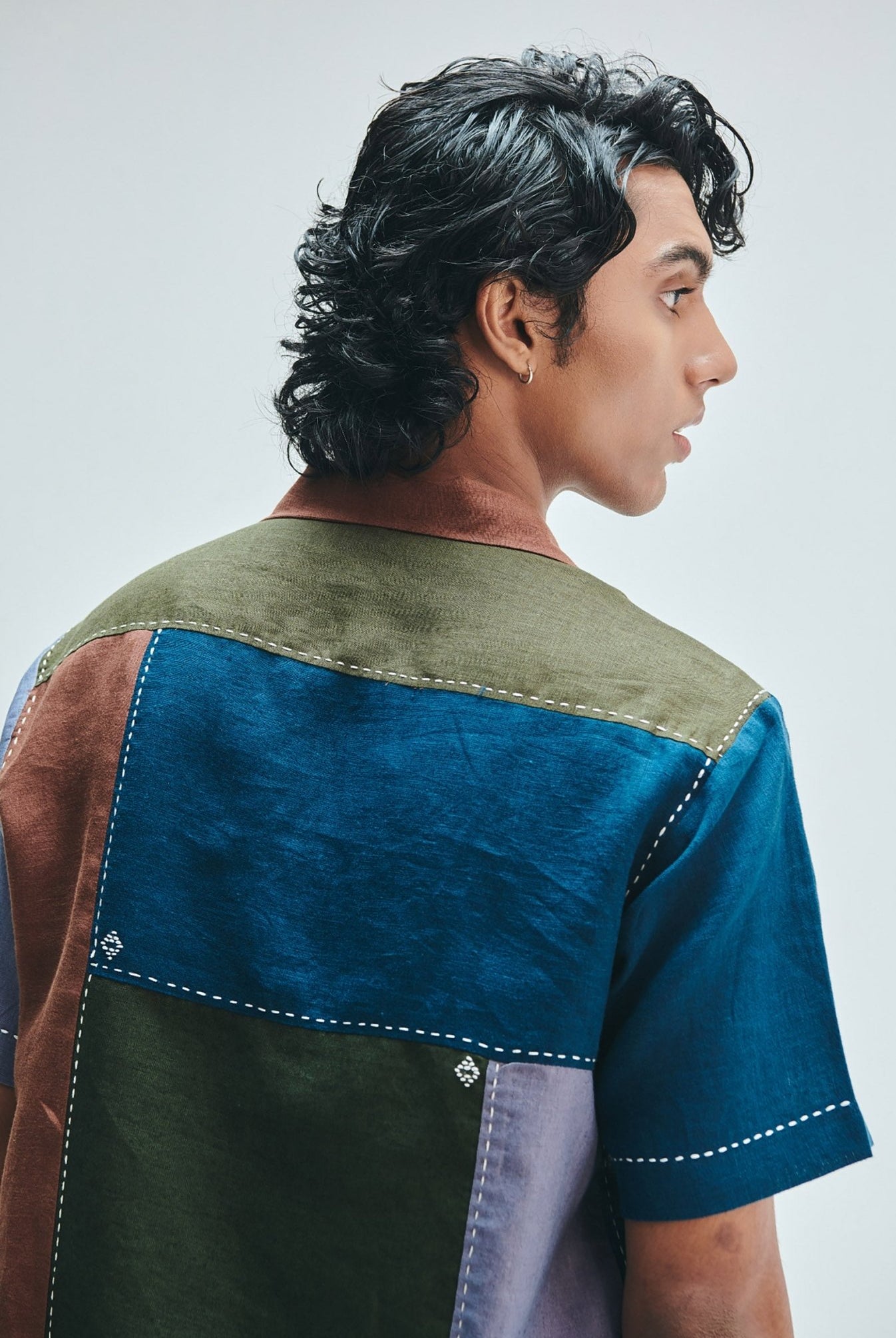 Patchwork Linen Men's Camp Collar Shirt - CiceroniShirtSaphed