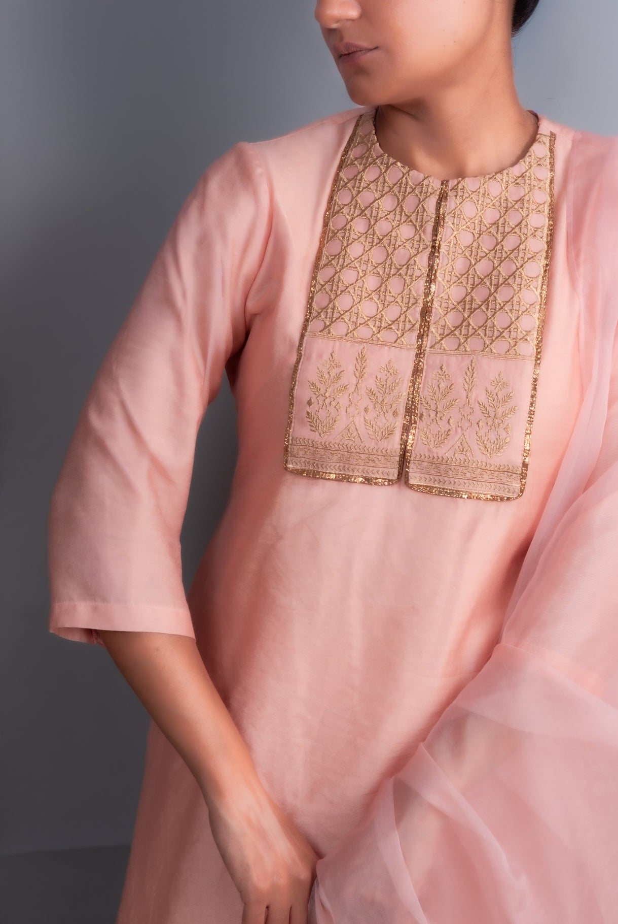 Peach Chanderi Kurti & Farshi Salwar Set - CiceroniKurta Set, Festive WearOtouto