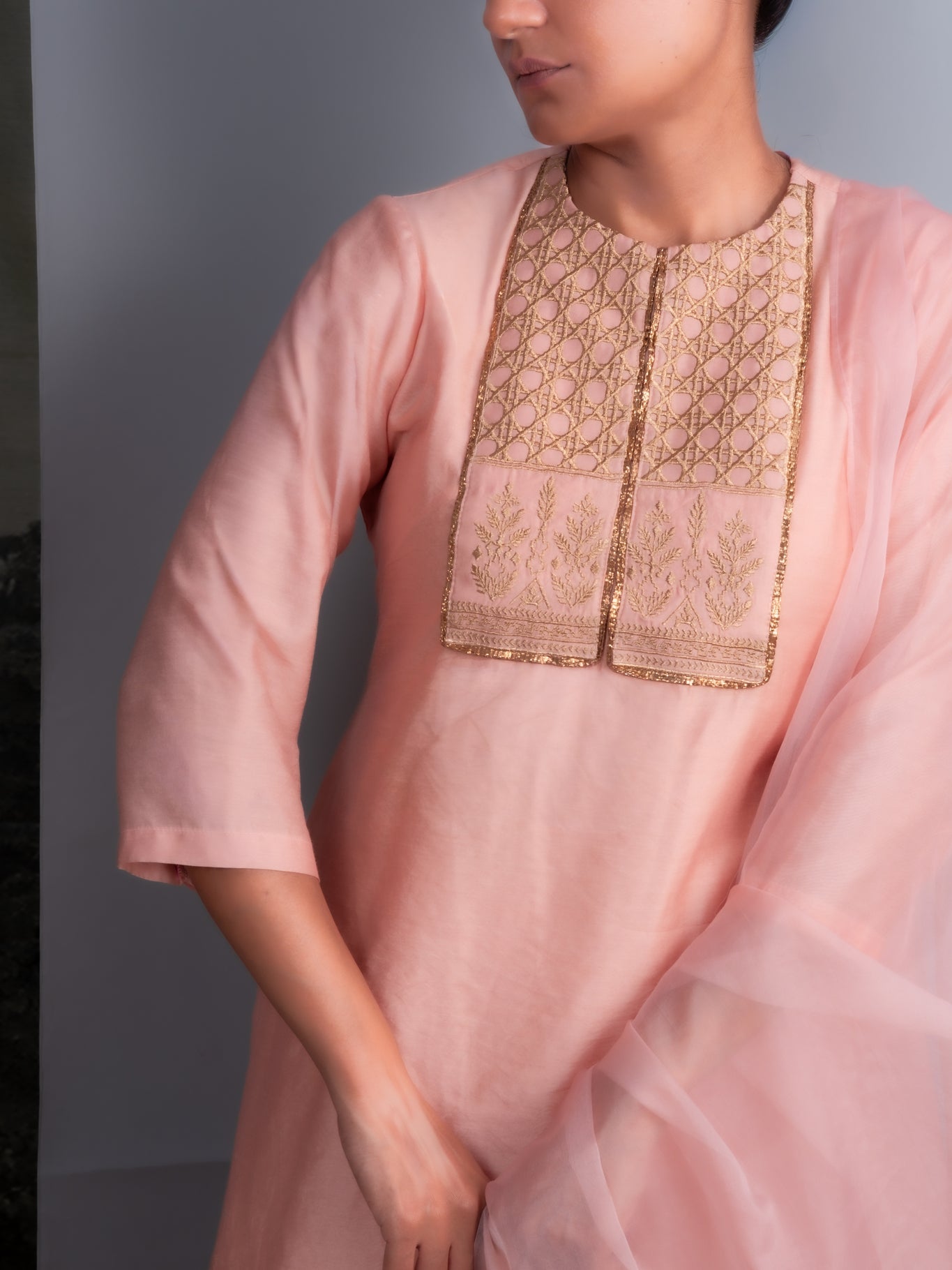Peach Chanderi Kurti & Farshi Salwar Set - CiceroniKurta Set, Festive WearOtouto