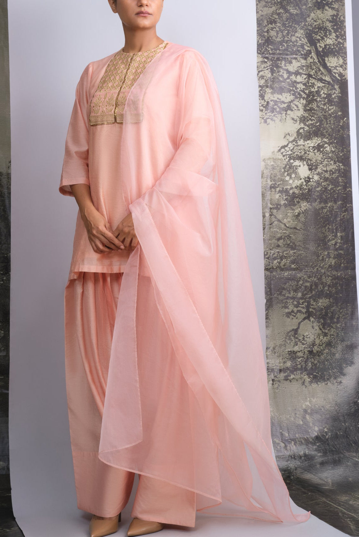 Peach Chanderi Kurti & Farshi Salwar Set - CiceroniKurta Set, Festive WearOtouto