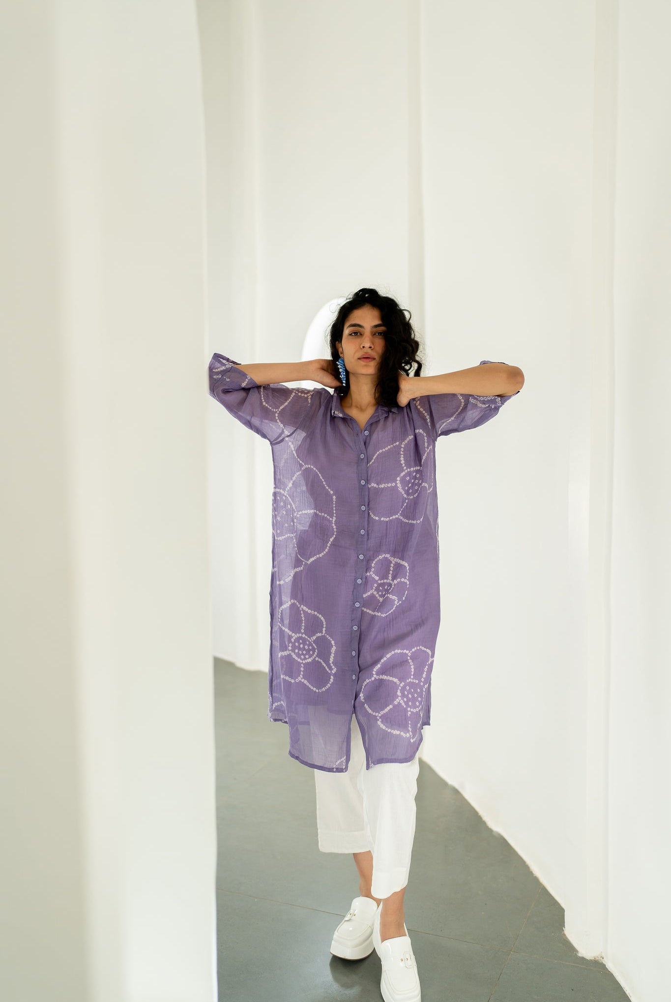 Periwinkle Bandhej Tunic with white Pants - CiceroniKurta SetSilai Studio