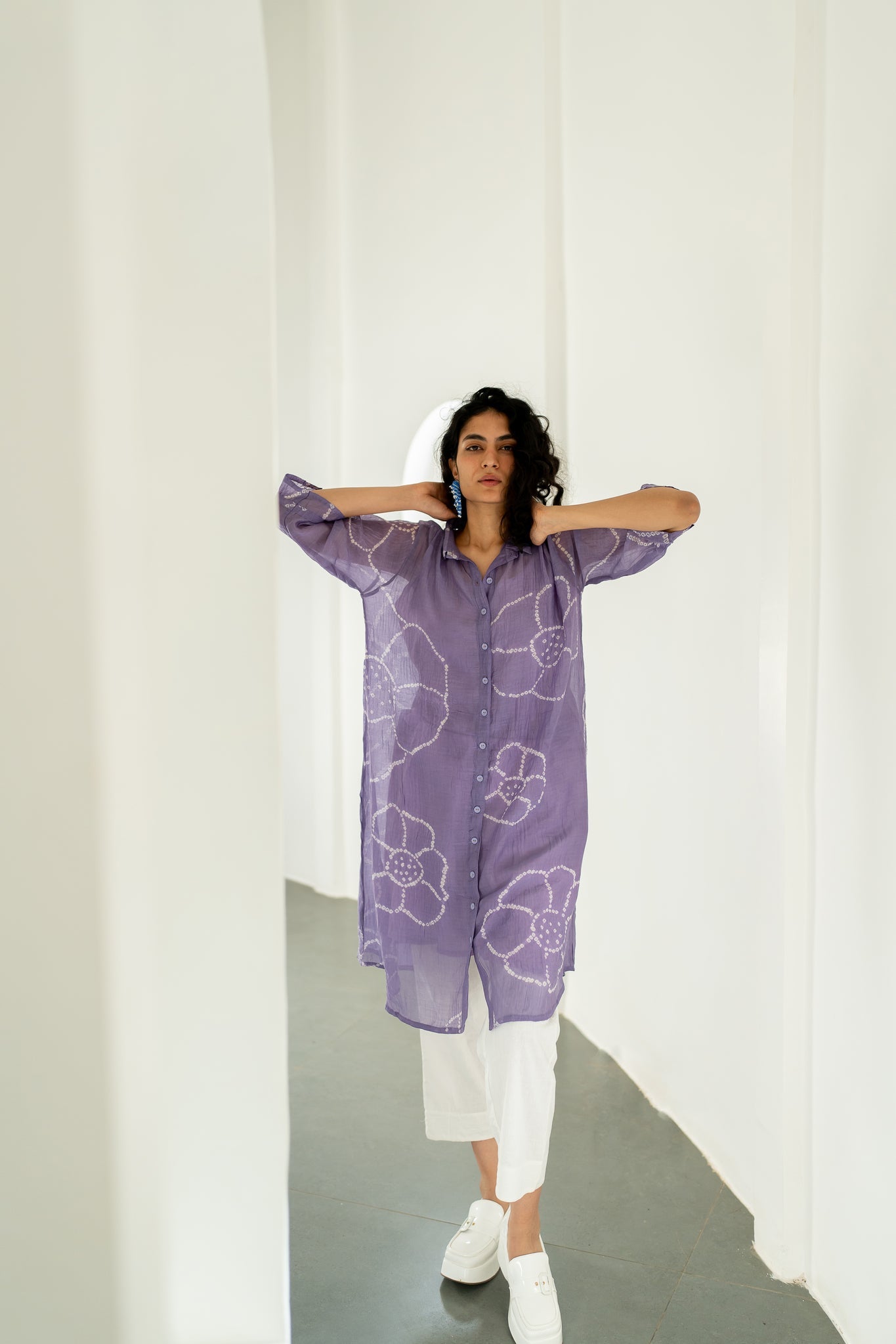 Periwinkle Bandhej Tunic with white Pants - CiceroniKurta SetSilai Studio