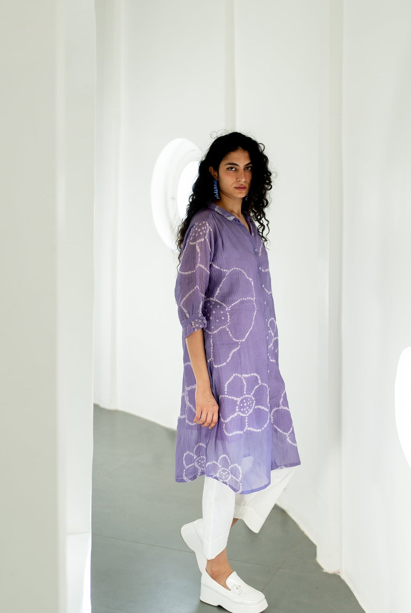 Periwinkle Bandhej Tunic with white Pants - CiceroniKurta SetSilai Studio