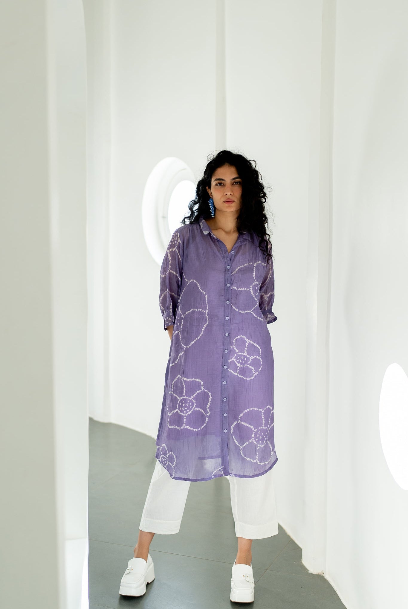 Periwinkle Bandhej Tunic with white Pants - CiceroniKurta SetSilai Studio