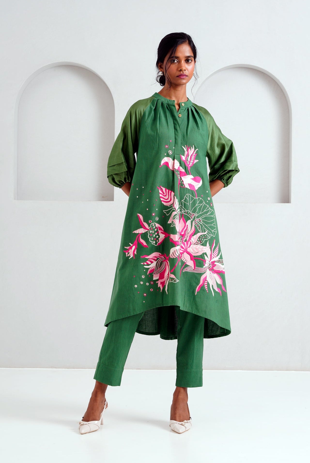 Pine Green Suvi Set - Embroidered Tunic + Pants - CiceroniKurta SetMadder Much