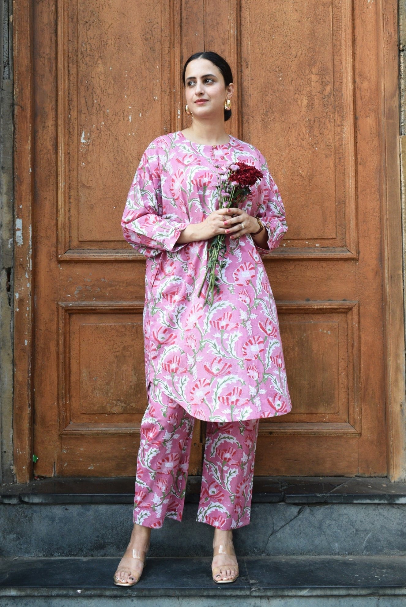 Pink and White Hand Block Printed Anti Fit Co - ord Set - CiceroniKurta Set, Everyday WearHouse of Moxa