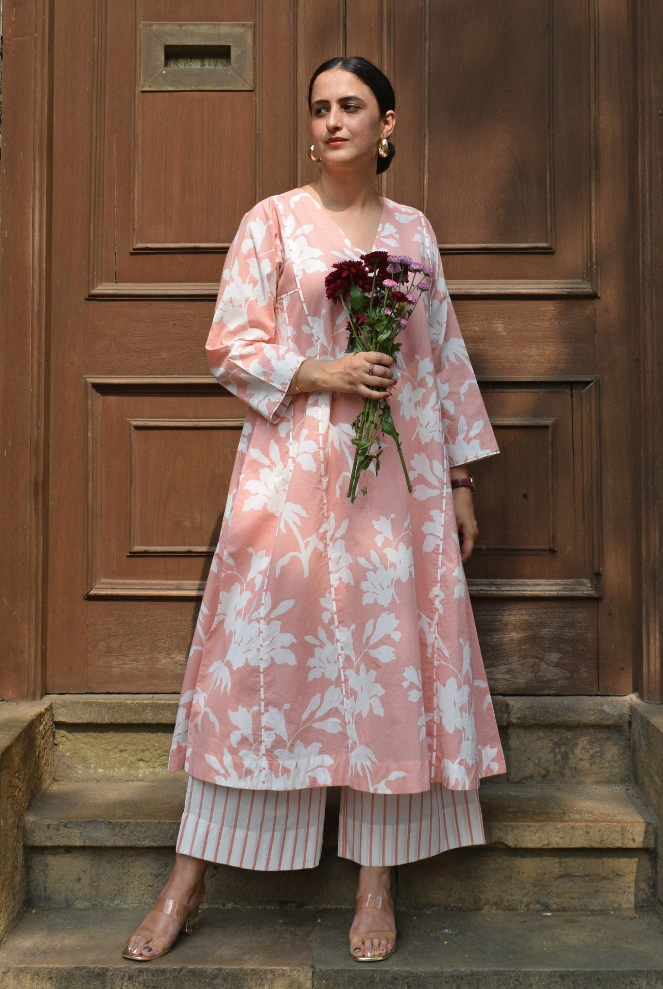Pink Floral Paneled Kurta with Striped Pajama - CiceroniKurta Set, Everyday WearHouse of Moxa