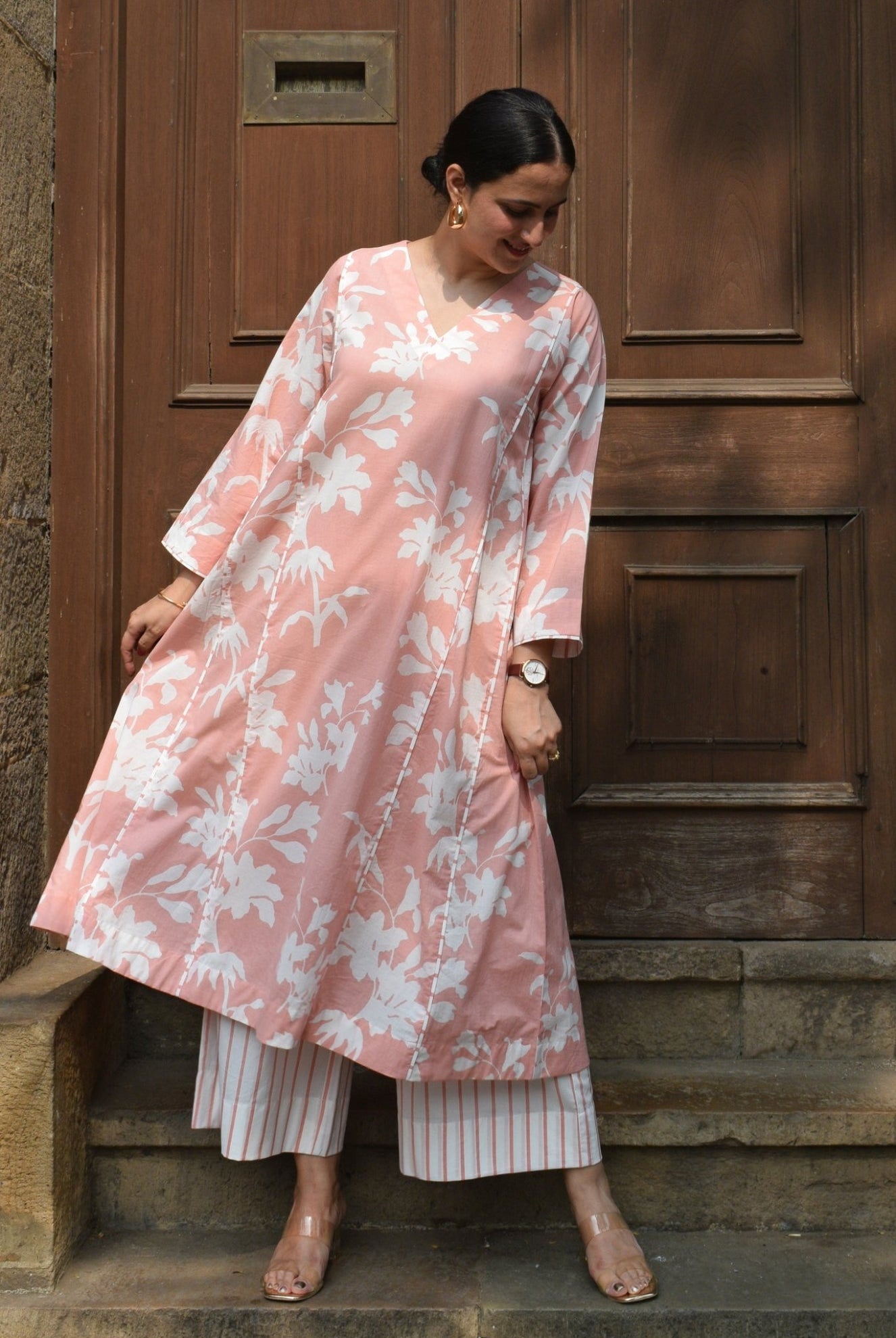 Pink Floral Paneled Kurta with Striped Pajama - CiceroniKurta Set, Everyday WearHouse of Moxa