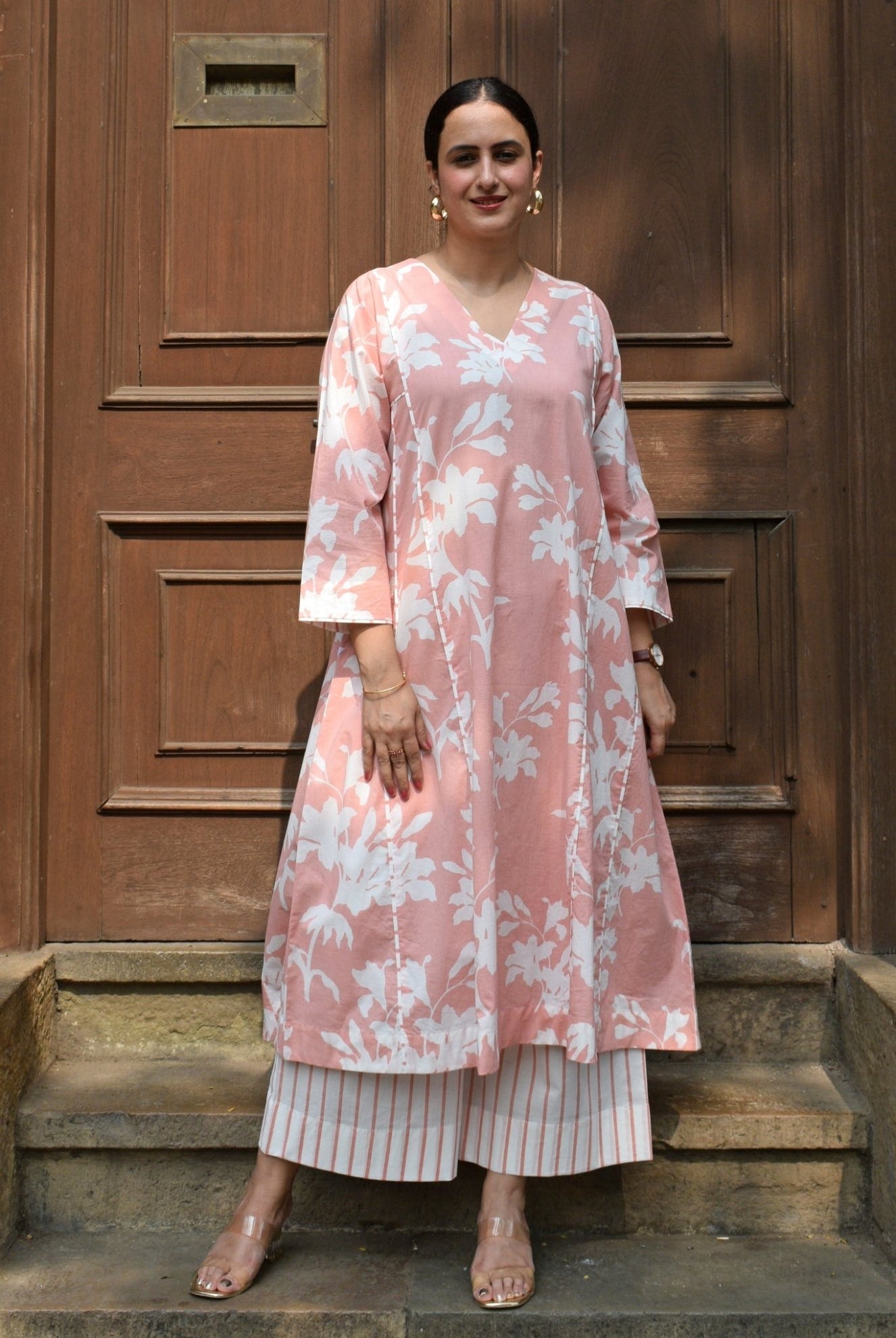 Pink Floral Paneled Kurta with Striped Pajama - CiceroniKurta Set, Everyday WearHouse of Moxa