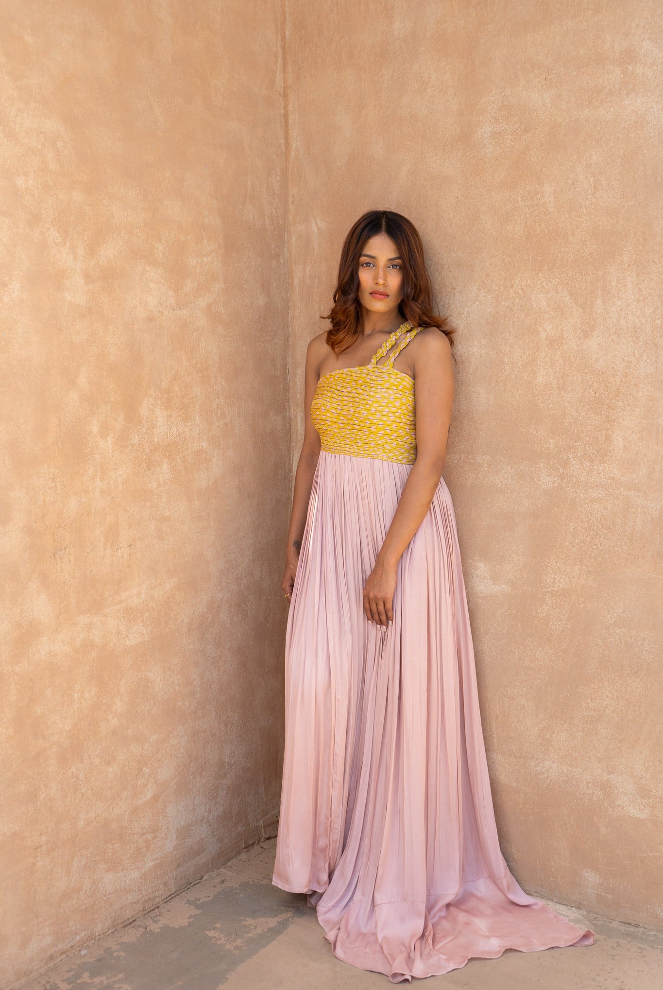 Pink - Yellow Braided Bustier Gather Gown - CiceroniDressesNeora