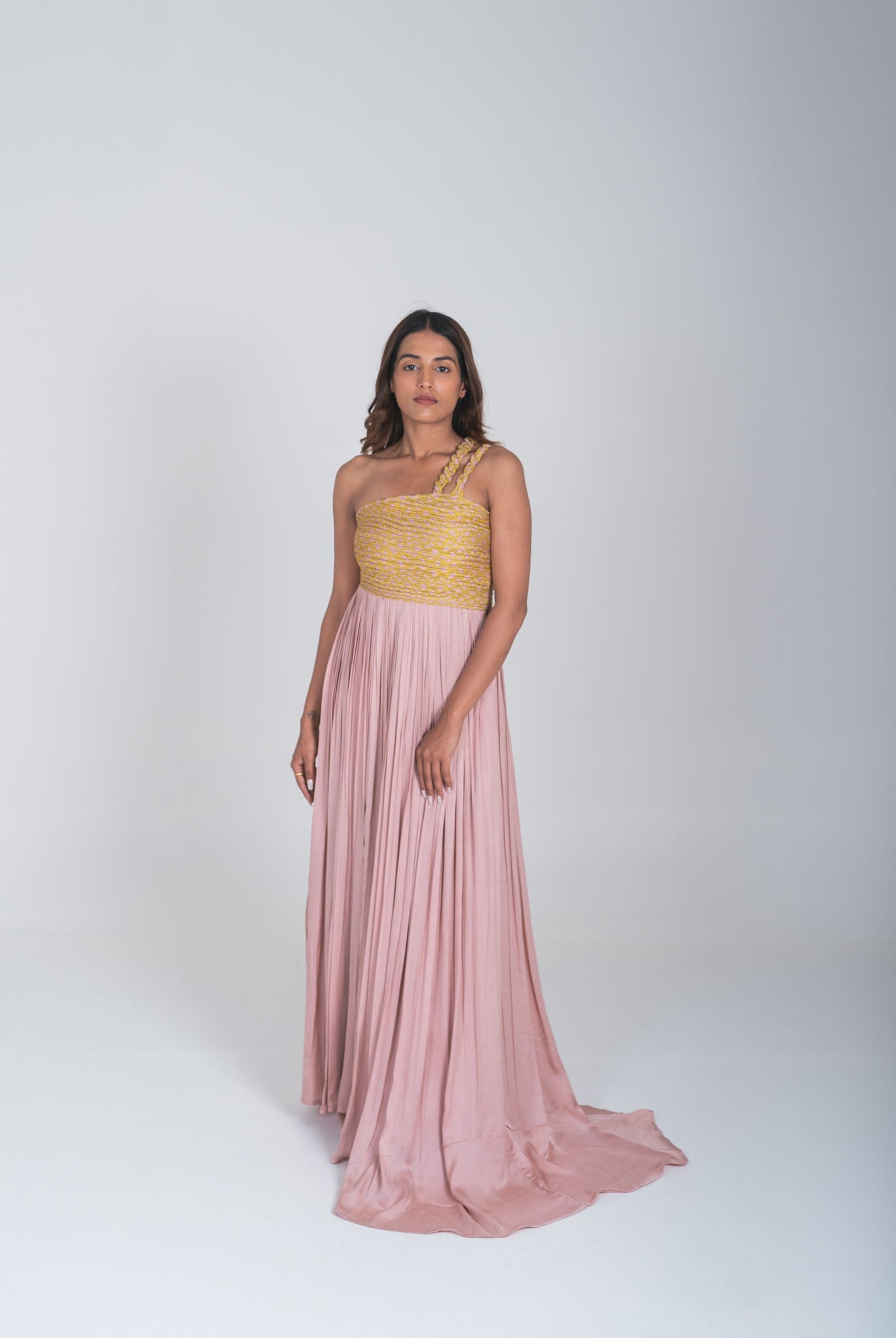 Pink - Yellow Braided Bustier Gather Gown - CiceroniDressesNeora