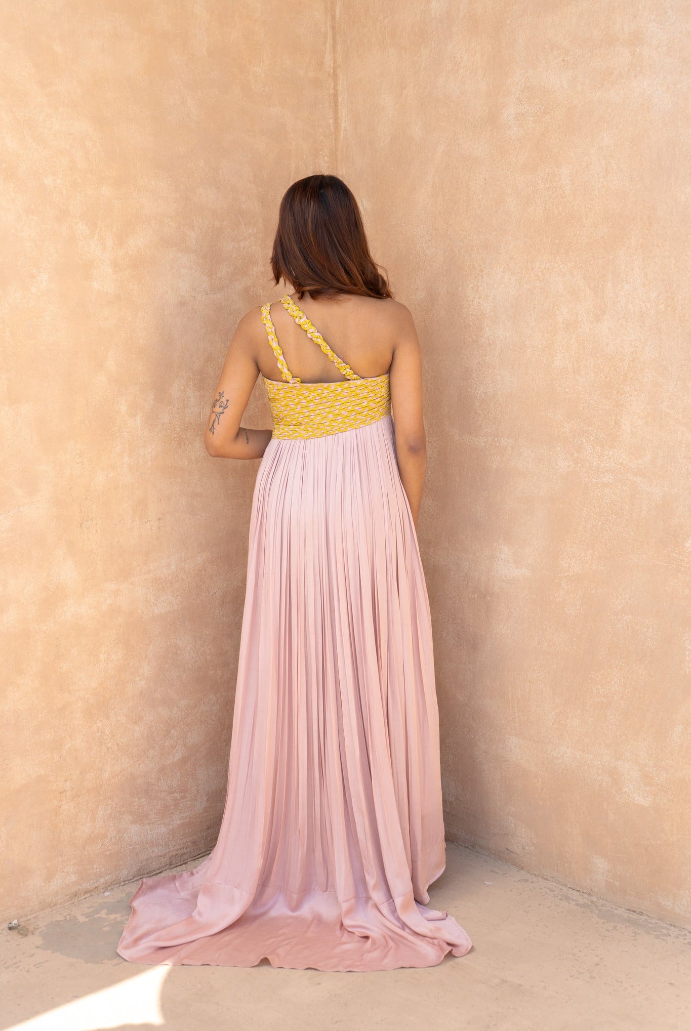 Pink - Yellow Braided Bustier Gather Gown - CiceroniDressesNeora