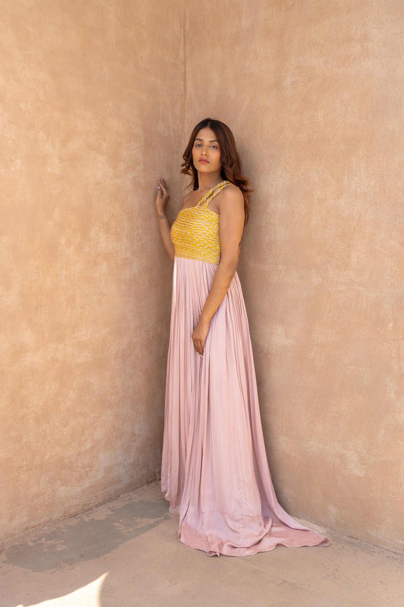 Pink - Yellow Braided Bustier Gather Gown - CiceroniDressesNeora