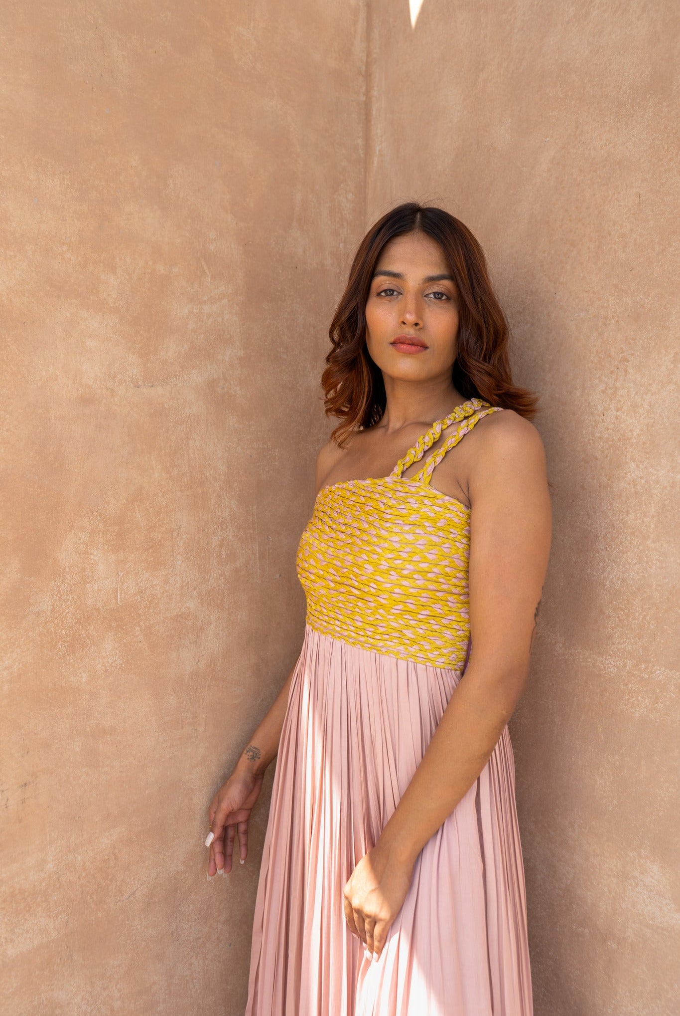 Pink - Yellow Braided Bustier Gather Gown - CiceroniDressesNeora