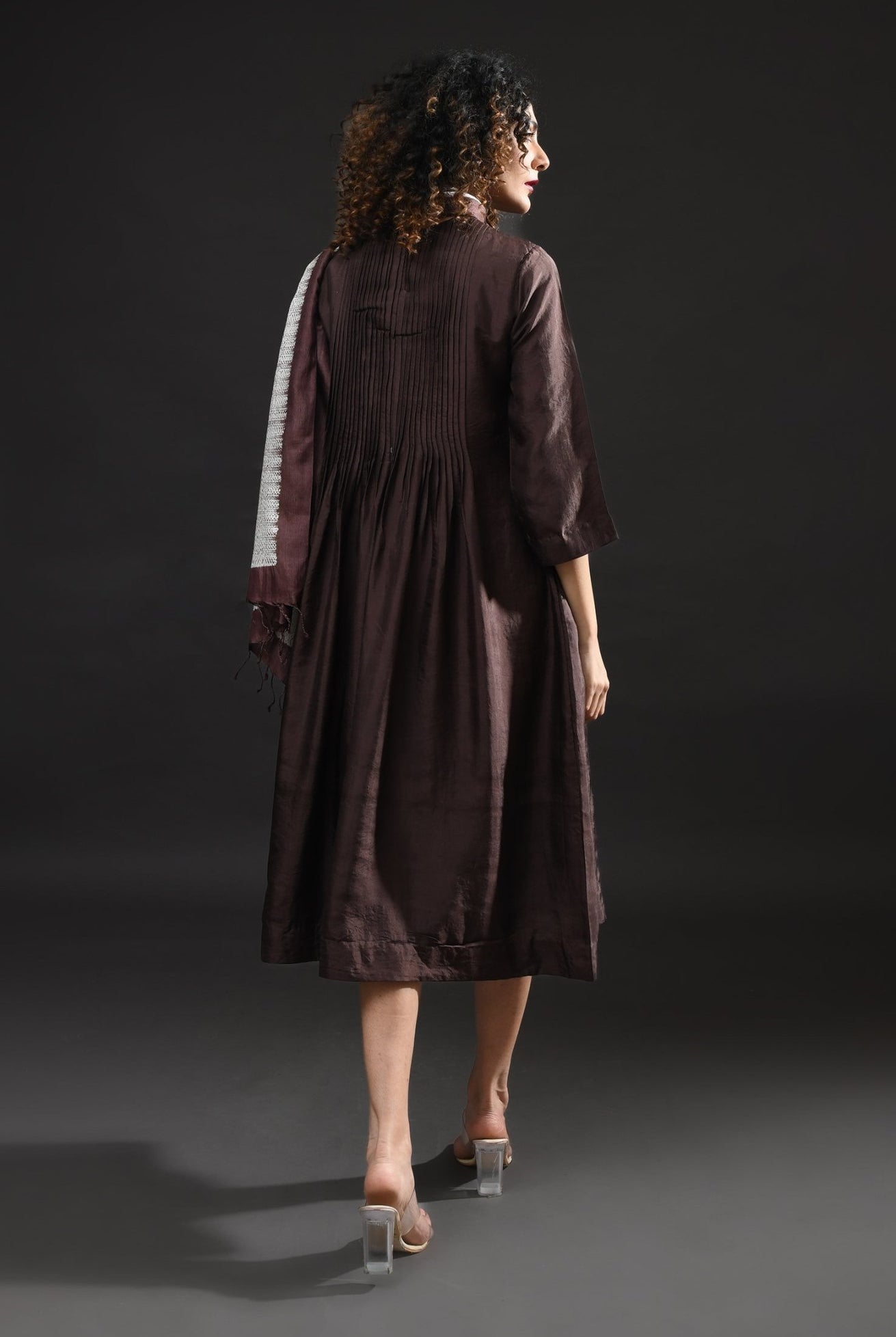 Pintucks Mulberry Silk Dress - Dark Brown - CiceroniDressesHiranya