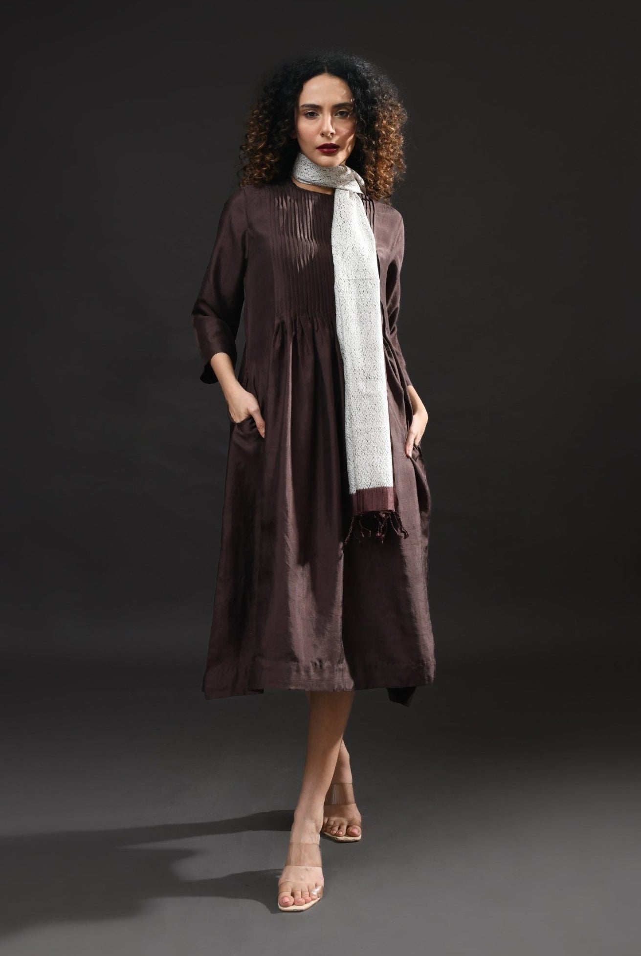 Pintucks Mulberry Silk Dress - Dark Brown - CiceroniDressesHiranya