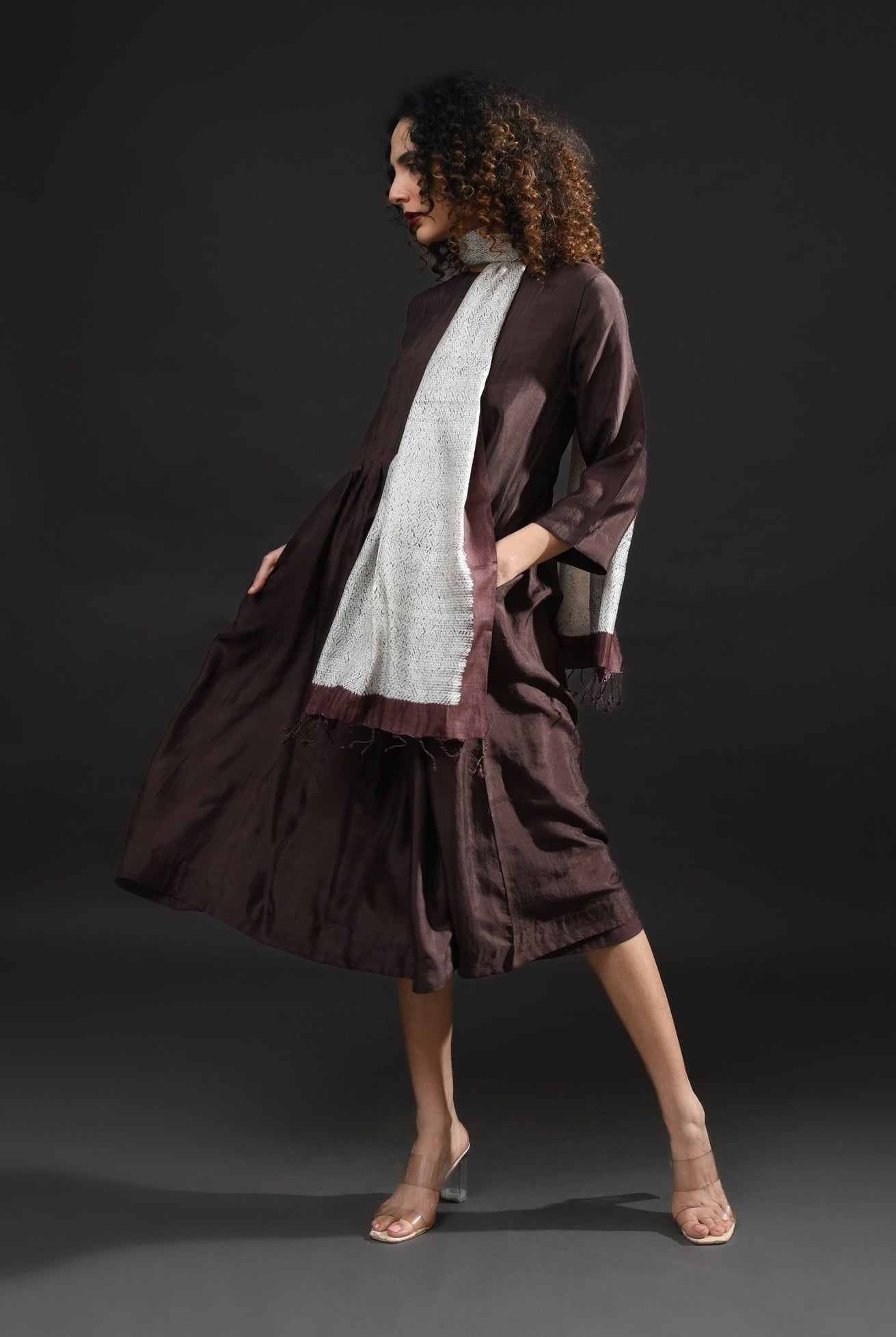 Pintucks Mulberry Silk Dress - Dark Brown - CiceroniDressesHiranya