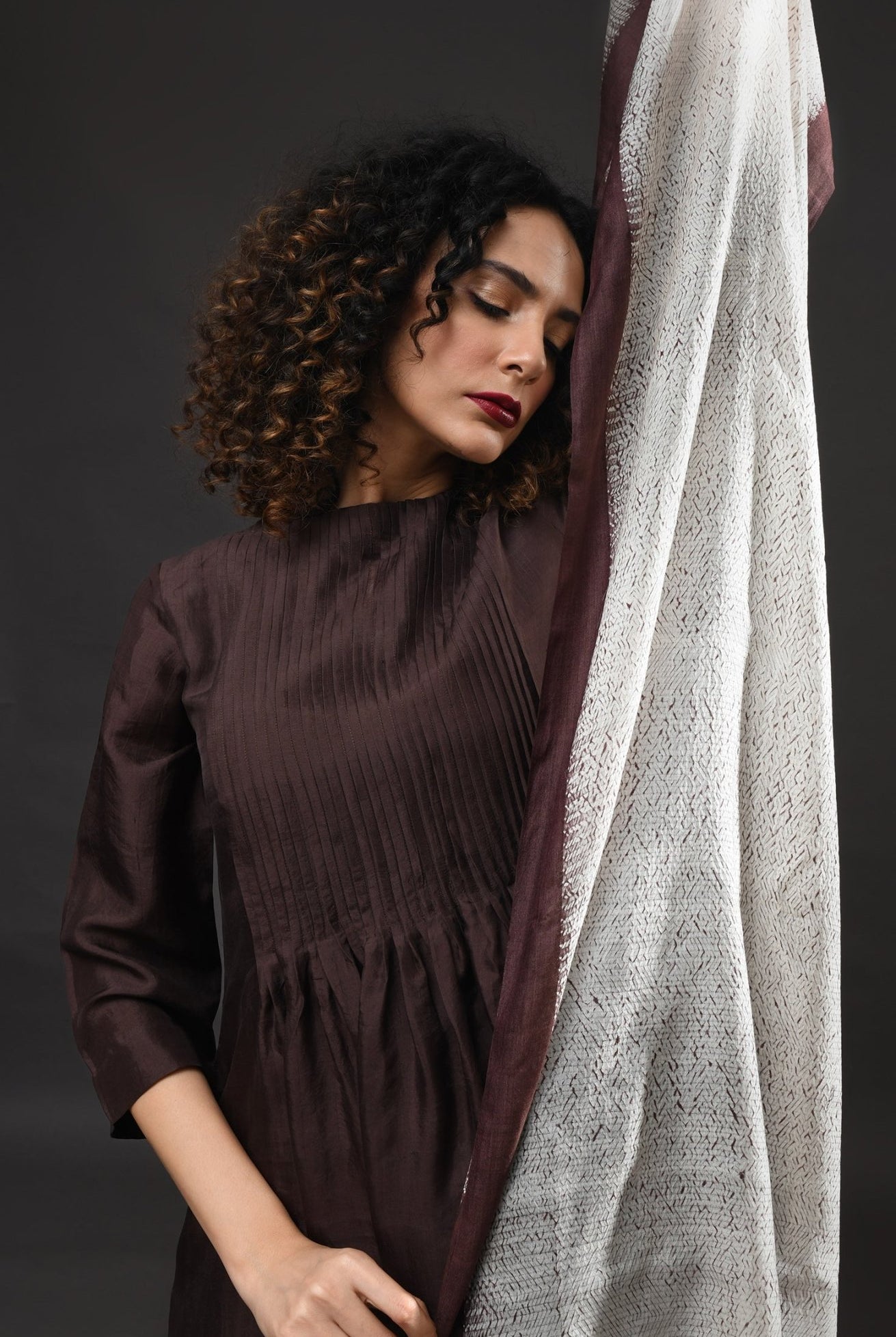 Pintucks Mulberry Silk Dress - Dark Brown - CiceroniDressesHiranya